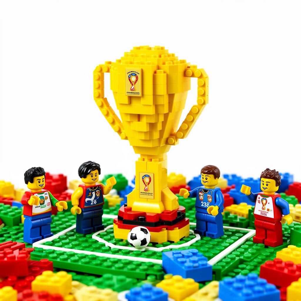 Troféu LEGO FIFA World Cup 2026 com minifiguras de jogadores